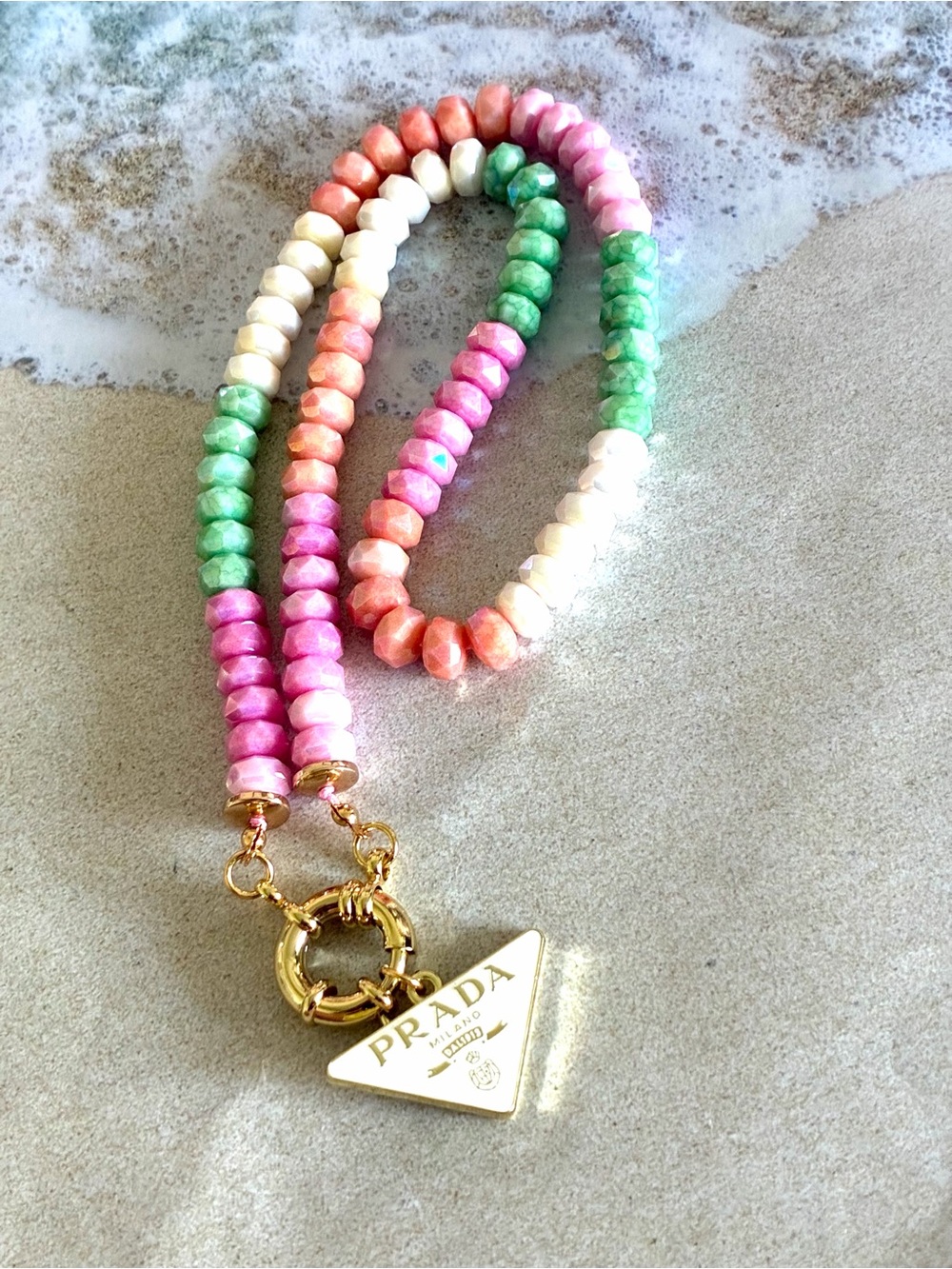 Unbranded Brand Dopamine Pastel Beaded Necklace with Gold Triangle Logo